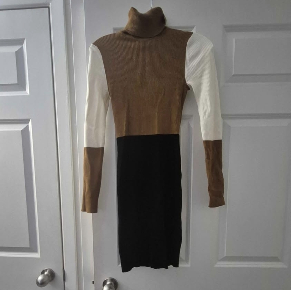 Fashion Nova Colorblock Turtleneck Dress - Brown, Black & Cream